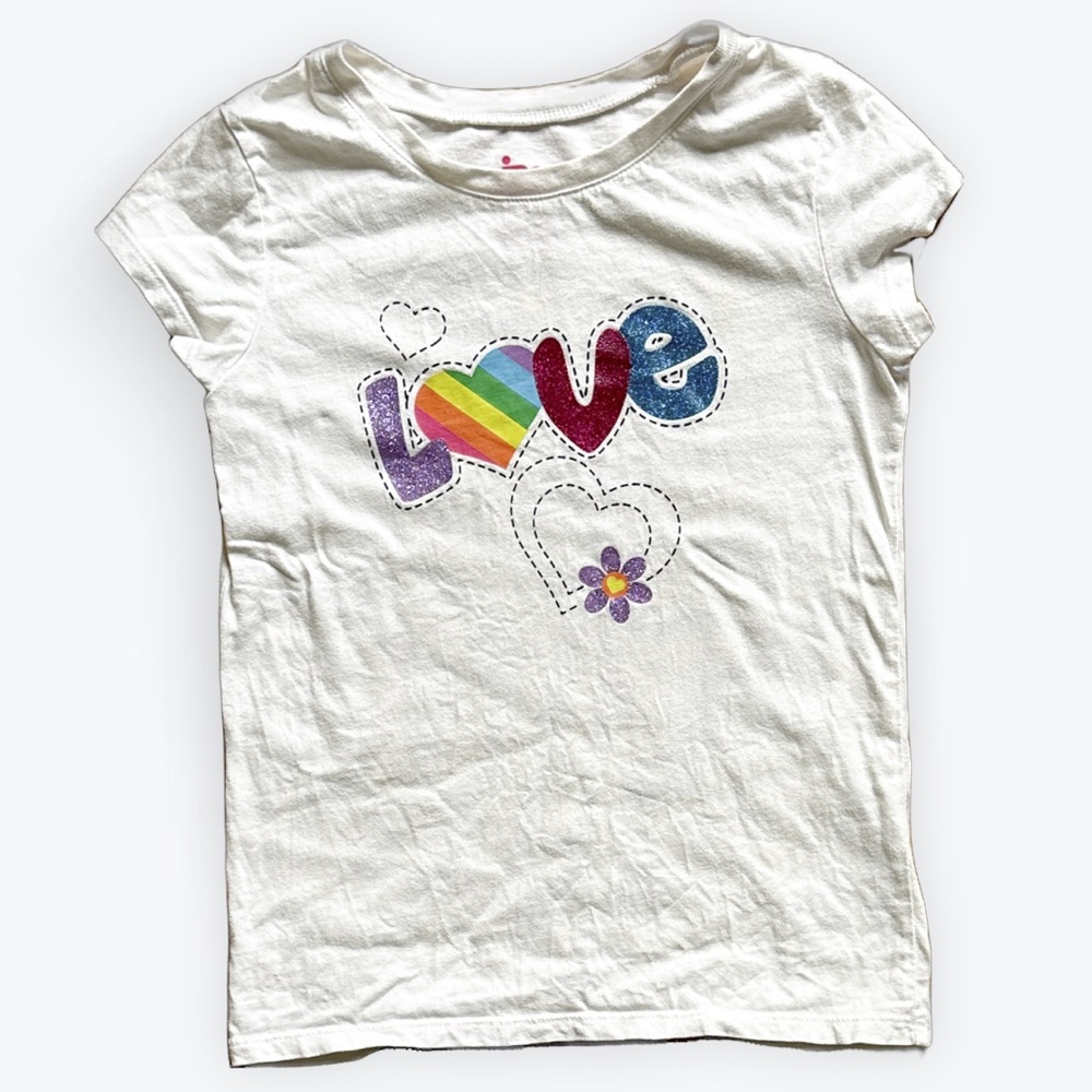Hippie Boho Glitter Rainbow Heart Flowers Cotton Unisex "Love" Tee ~ Kids' M 7/8
